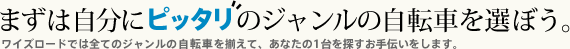 まずは自分にピッタリのジャンルの自転車を選ぼう。ワイズロードでは全てのジャンルの自転車を揃えて、あなたの1台を探すお手伝いをします。