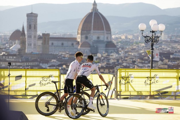 Tour de France 2024 - 111th Edition - Teams Presentation - Piazzale Michelangelo - Firenze - 27/06/2024 - Tadej Pogacar (SLO - UAE Team Emirates) - Juan Ayuso (ESP - UAE Team Emirates) - photo Massimo Fulgenzi/SprintCyclingAgency�2024